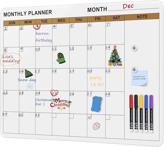 SELEAD Magnetic Glass Whiteboard Monthly Planner - 32”x24” Large Wall Calendar Dry Erase White Board, TODO Memo Bulletin Board for Home School Office - White&Gold