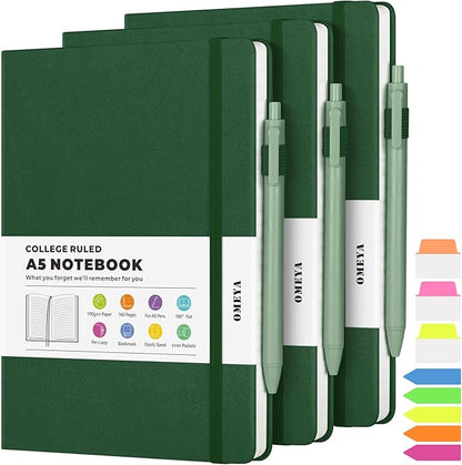 Lined Journal Notebook, 3 Pack A5 College Ruled Notebooks for Work, Hardcover Notebook Each with 2 Pockets & Pen, Leather Journal for Women, Men, 160 Pages, 100GSM Thick Paper ( Green 5.7" x 8.3" )