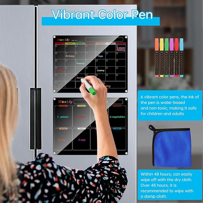 Fridge Calendar Meal Planning Board, Dry Erase Acrylic Magnetic Monthly Weekly Calendar Planner for Refrigerator with 6 Colors Markers (Black-Weekly+Monthly(15.7x11.8))