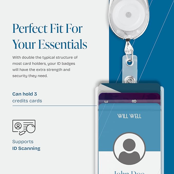 Will Well ID Badge Holders with Clip and Keyring - Vertical Clear Plastic 3.7" x 2.5" Sleeves Fit Up to 3 Cards - Retractable 24" UHMWPE Fiber Pull Cords - 2-Pack, Transparent White Reels