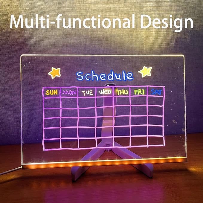 Acrylic Led Dry Erase Board - Creative Rewritable Message Center Board - Regularly Led Note Board with Colour Pens - Light up a Glow Memo Board Note with 7 Pen - Free Eraser Easy to Clean