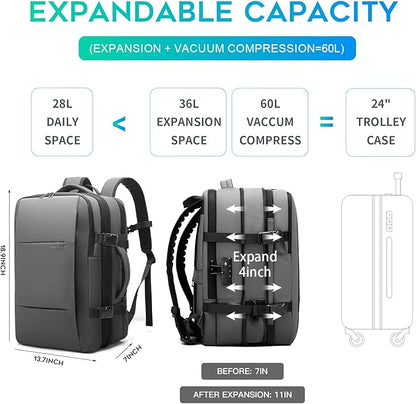 BANGE Airback Backpack,60L Expandable Travel Backpack Vacuum Compression with Air Pump, Waterproof and Anti-Theft Laptop Backpack for Hiking, Business and Travel