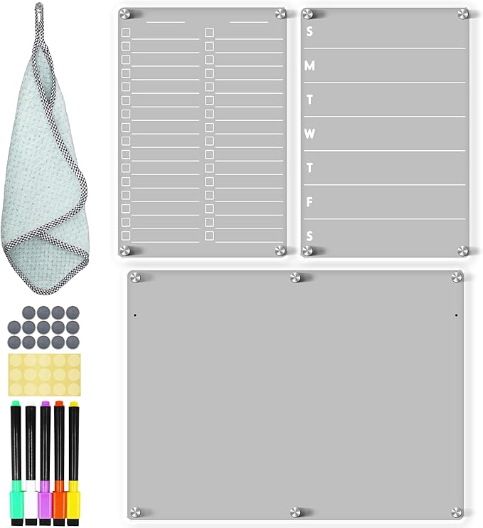 Acrylic Magnetic Dry Erase Board for Fridge, 16"x12" Clear Fridge Whiteboard to Do List White Board for Refrigerator Weekly Meal Planner Menu Board for Kitchen Fridge Calendar 3 Pcs