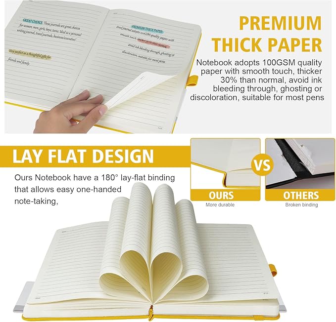 Lined Journal Notebook, 1 Pack (Yellow), 360 Pages, 9.8 inches x 6.9 inches - 100 gsm Thick Paper, Hardcover