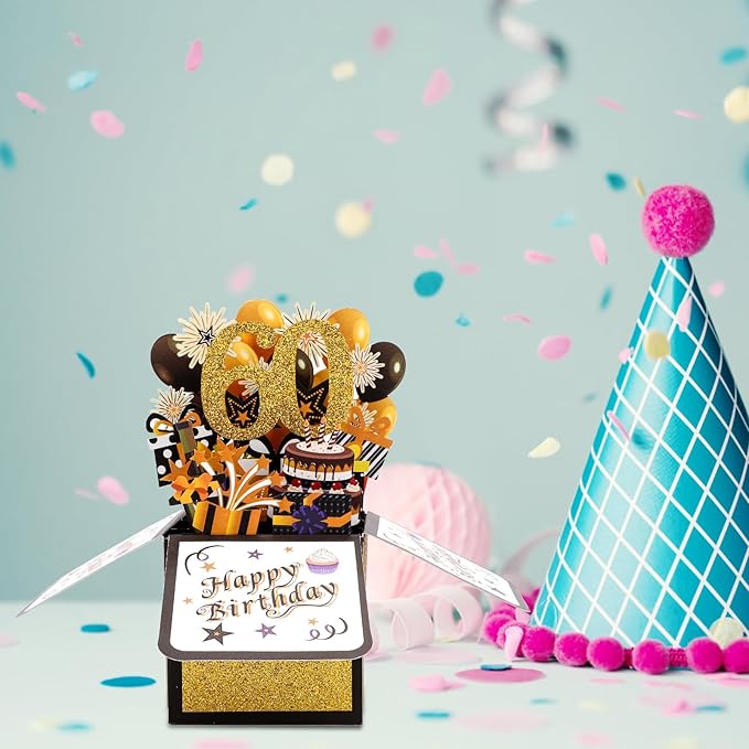Happy 60th Birthday Pop-Up Card, Multicolored 60 Year Old Birthday 3D Cards with Envelopes Cool Sixty Birthday Popup Box Best 60th Birthday Gift Ideas for Men Women