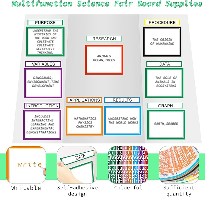 39 Sheets Science Fair Board Supplies - 24 Self Adhesive Presentation Subtitles, 6 Science Fair Project Titles, 2 Blank Titles, 7 Personalized Letter Stickers for Classroom Office, Colorful