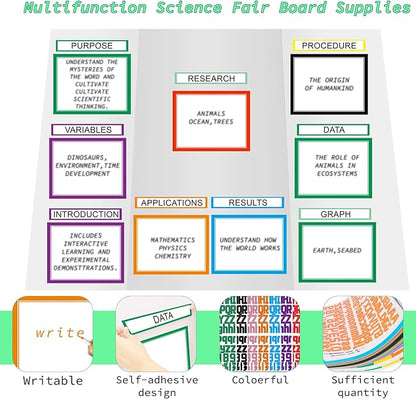 39 Sheets Science Fair Board Supplies - 24 Self Adhesive Presentation Subtitles, 6 Science Fair Project Titles, 2 Blank Titles, 7 Personalized Letter Stickers for Classroom Office, Colorful