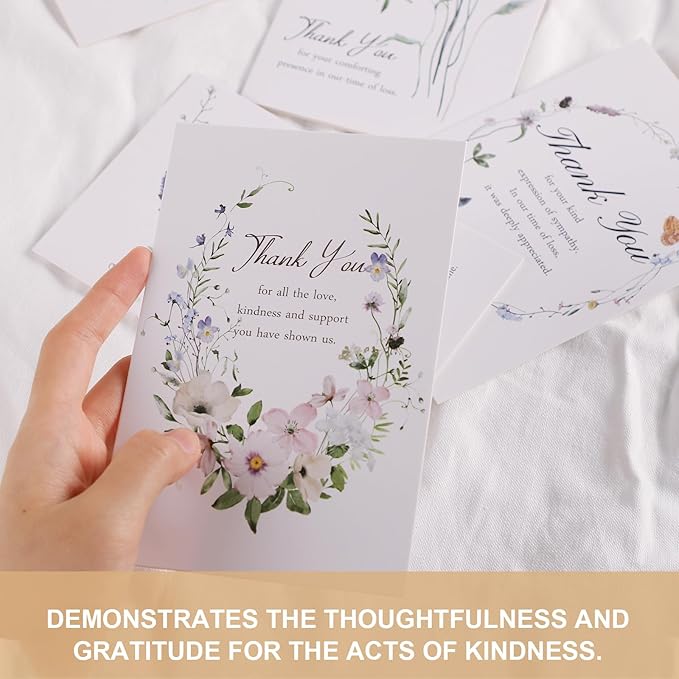 C2U Funeral Thank You Cards with Envelopes(20 Pack 4"x6"),Stickers & Message Inside - Wildflower Bereavement Sympathy Thank You Cards for Funeral Family Friends Loved Ones