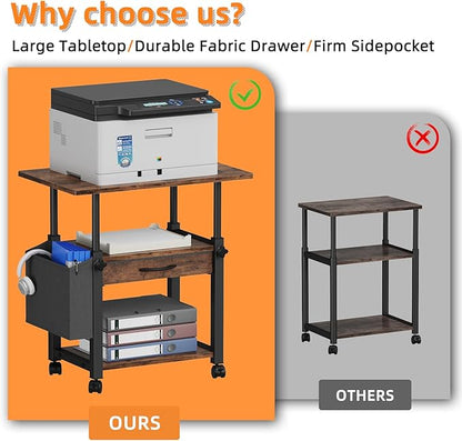 22"x15" Large Printer Stand with Storage Drawer and Side Bag, 3-Tier Height Adjustbale Printer Table for Home Office,Printer Cart fit Heat Press/Laser printer/3D Printer(Rustic Brown)
