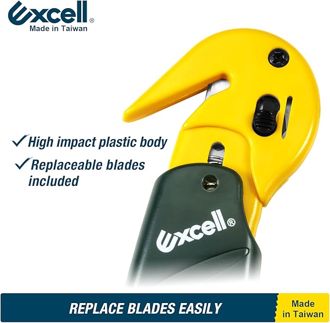 Excell Stretch Film Cutter with Carton Opener, Ergonomic Film Cutting Blade Safe and Efficient Cutting for Cryovac, Plastic Bags, Shrink Wrap, Box, Straps (W/Carton Opener)