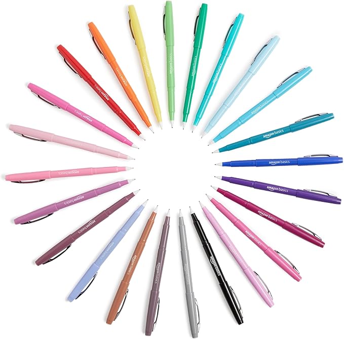 Amazon Basics Felt Tip Markers, Assorted Colors, 24-Pack
