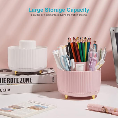 360 Degree Rotating Desk Pen Pencil Holder, 5 Slots Pencil Organizer Desk Organizers and Accessories, Cute Pen Holder for Desk, Pen Organizer Storage for Office School Home Pink