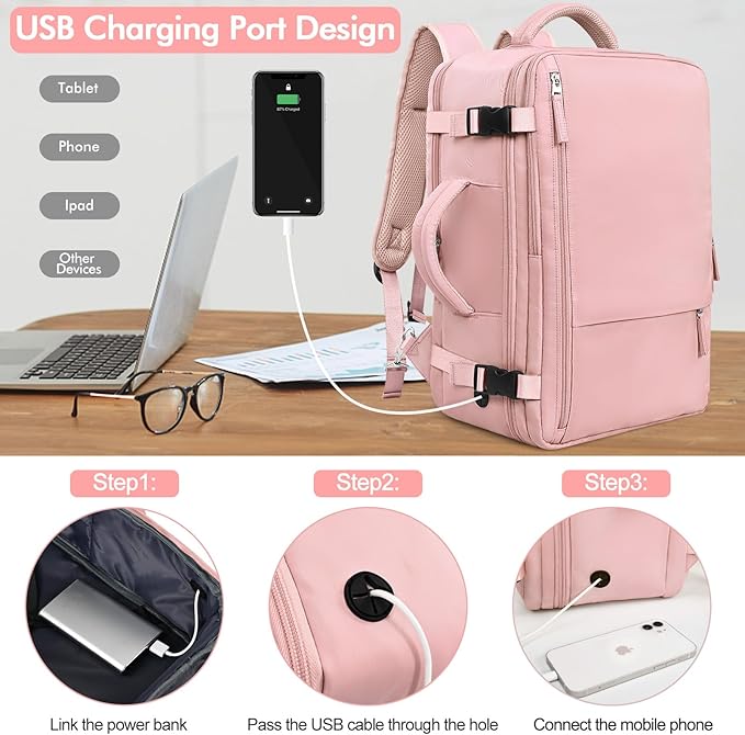 Travel Backpack for Women, TSA-Friendly Carry-on Backpack Bag Luggage Airline Approved, Personal Item Backpack for Work Business College, Travel Essentials, Pink