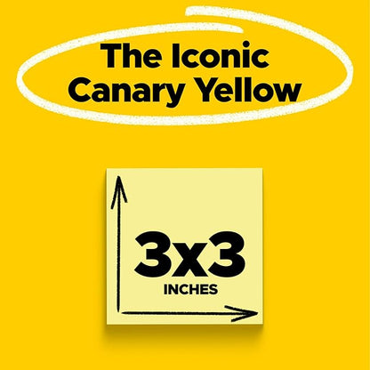 Post-it Notes, 3 in x 3 in, 18 Sticky Notes Pads, 100 Sheets per Pad, The Iconic Canary Yellow Note, School Supplies and Oﬃce Products