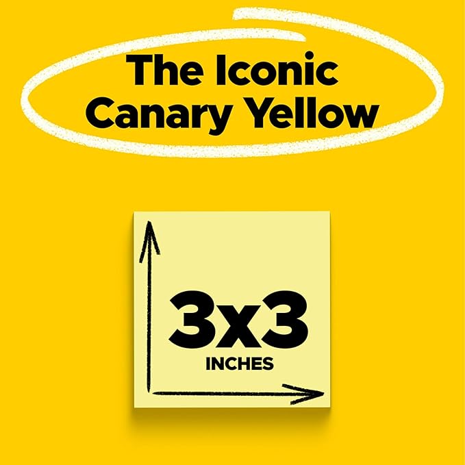 Post-it Notes, 3 in x 3 in, 18 Sticky Notes Pads, 100 Sheets per Pad, The Iconic Canary Yellow Note, School Supplies and Oﬃce Products