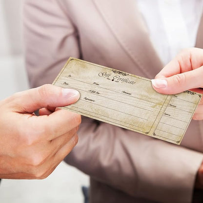 Sinmoe 50 Sets Gift Certificate for Business with 50 Pcs Envelopes Blank Gift Certificate Cards with Name and Address Rustic for Beauty Salon Restaurants Birthday(4.72 x 2.36 Inch, Retro Style)