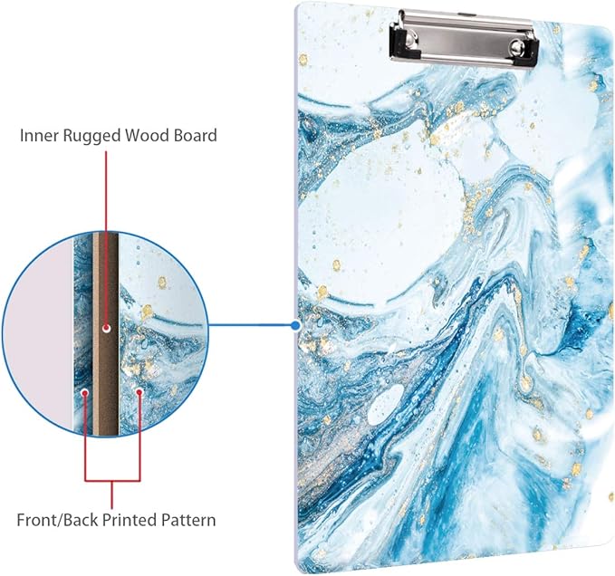 Blue Clipboard, Cute clipboard, WAVEYU Letter Size Clipboard with Low Profile Clip, Retractable Key Hole for Hanging Paperboard for Office School, Teal Marble (12.5"x9")