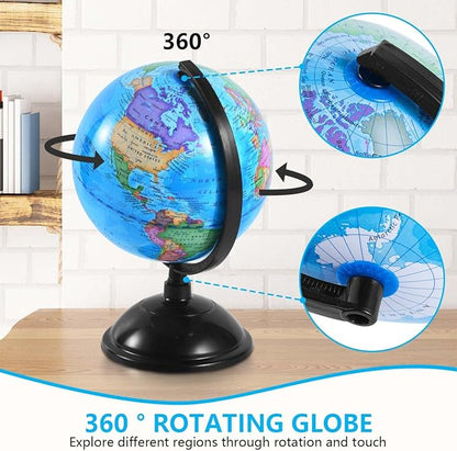 8 Inch World Globe with Stand Rotating Earth Spinning Globe for Kids Geography Classroom Education or Decorations (Blue)