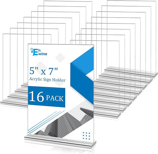 EHWINE 16 Pack Acrylic Sign Holder 5 x 7, Double-Sided Stand up Table Top Sign Holders, Clear Acrylic Picture Frame Menu Flyer Paper Holder Display Stand for Office Business Store Wedding Party