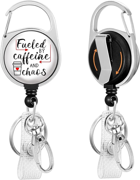 Gctriki Badge Reel Holder Retractable Heavy Duty with 360° Swivel Carabiner Clip, Funny Fueled by Caffeine and Chaos ID Holder Name Badge Clip RN Nurse Medical Badge Reel Retractable Keychain ID Clip
