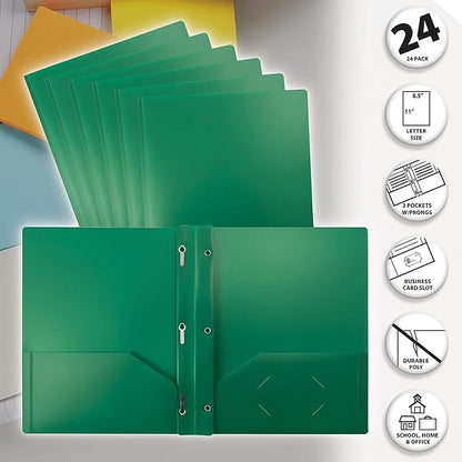 Better Office Products Green Plastic 2 Pocket Folders with Prongs, Heavyweight, Letter Size Poly Folders, 24 Pack, with 3 Metal Prongs Fastener Clips, Green