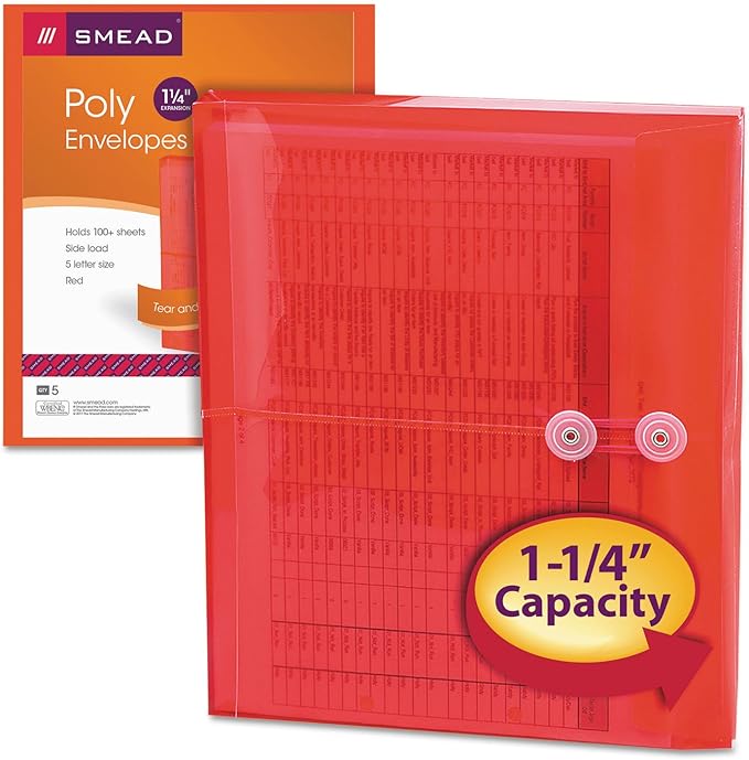Smead Poly Envelope, 1-1/4" Expansion, String-Tie Closure, Side Load, Letter Size, Red, 5 per Pack (89527)