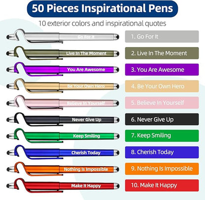 100 Pcs Inspirational Pens Batch, Motivational Ballpoint Pen with Writing Touch Screen And Mobile Phone Stand 3-in-1, Black Ink Office Encouraging Quotes, Office School Supplies Inspirational Gifts