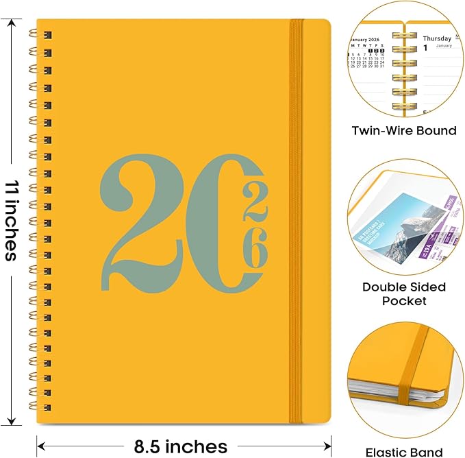 2026 Planner, Weekly and Monthly Calender Planner, Jan 2026 to Dec 2026, Hardcover 2026 Calendar Planner Book with Tabs & Inner Pocket, Office Home School Supplies for Women & Men - A4 (8.5" x 11"), Yellow