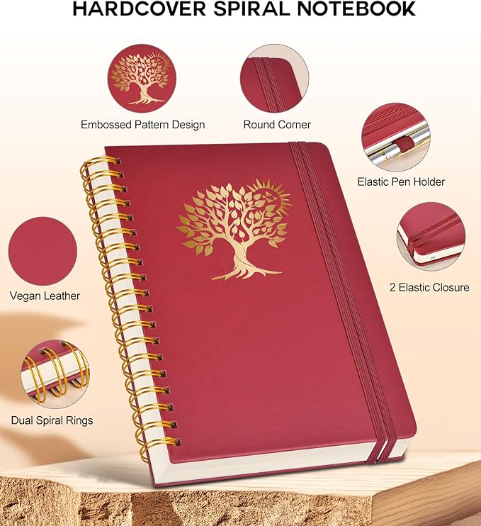 Spiral Notebook Journal for Women Men, 300 Numbered Lined Pages, College Ruled, A5 Hardcover Spiral Bound Notebook for School, Work, Note Taking Writing, Leather Spiral Journal Medium 5.9"x8.5"