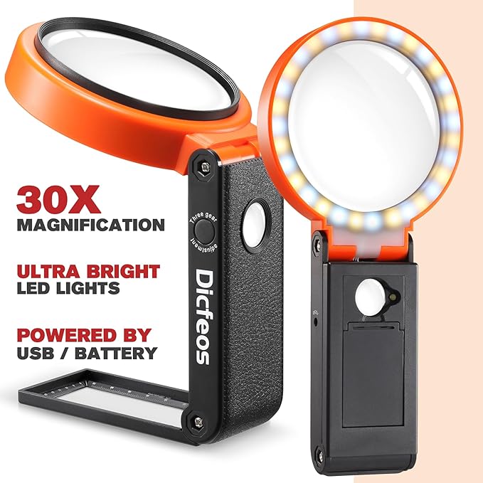 30X 40X Magnifying Glass with Light and Stand, Non-Rechargeable, Folding Design 32 LED Illuminated for Close Work, Handheld Large Glasses Reading, Powered by Battery or USB