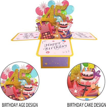 Asmallgf 45th Birthday Pop Up Card Idea, Printed on Recyclable 300gsm Linen Cardstock, Size 3.1x3.1x7.1 Inches, Includes Envelope and Note