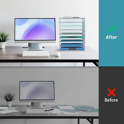 DALTACK 9-Tier Paper Letter Tray Desk Organizer with Handles, Mesh File Holder Organization, Paper Sorter Desk Organizer for Office Home School, White 2 Pack