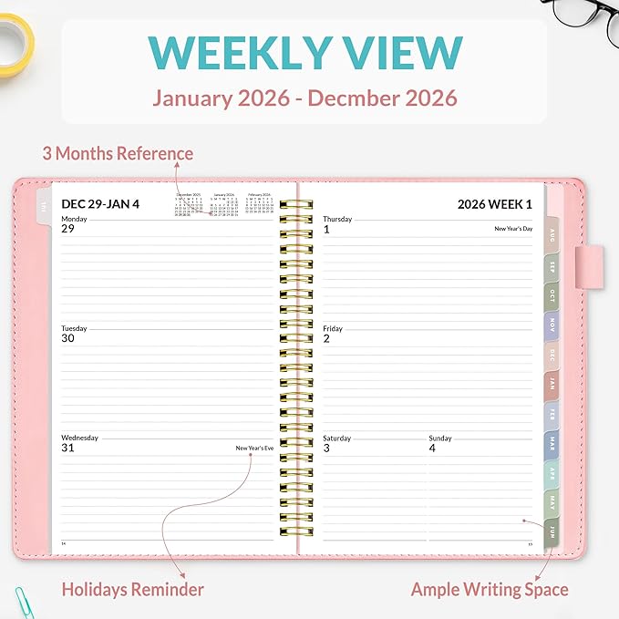 SUNEE 2026 Weekly & Monthly Planner 6.4"x8.5"- 12 Month (January 2026 - December 2026), Vegan Leather Cover, Pocket, Bookmark, Notes, Monthly Tab, Peach Pink