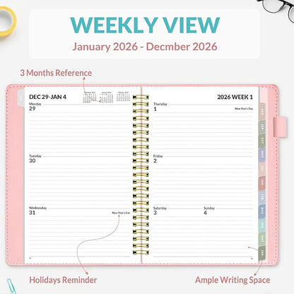 SUNEE 2026 Weekly & Monthly Planner 6.4"x8.5"- 12 Month (January 2026 - December 2026), Vegan Leather Cover, Pocket, Bookmark, Notes, Monthly Tab, Peach Pink
