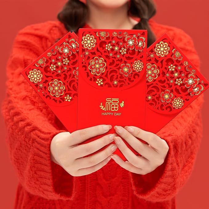 20 Pcs Chinese New Year Red Envelopes, 3.4 x 7 Inches Large 福 Hong Bao Lucky Money Cash Envelopes, Elegant Floral Design Red Packets Lai See for Spring Festival, Lunar New Year, Weddings, Birthdays