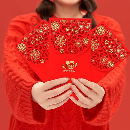 20 Pcs Chinese New Year Red Envelopes, 3.4 x 7 Inches Large 福 Hong Bao Lucky Money Cash Envelopes, Elegant Floral Design Red Packets Lai See for Spring Festival, Lunar New Year, Weddings, Birthdays