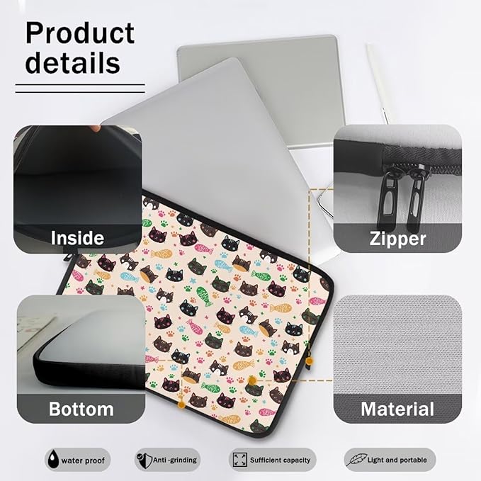 Cat Fish Printed Computer Carrying Cover, Large Capacity Laptop Case Bag Easy to Carry Computer Bag, 10 Inch Lightweight Laptop Briefcase Messenger Bag for Women