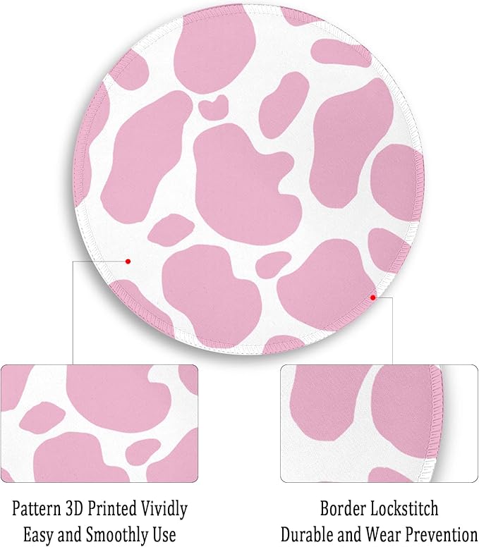Cute Cow Print Round Mouse Pad, Small Mousepad for Laptop Gaming Women, with Stitched Edge Non-Slip Rubber Base, Cute Home Office Decor Desk Accessories Office Supplies Gift for Women Teen Girls