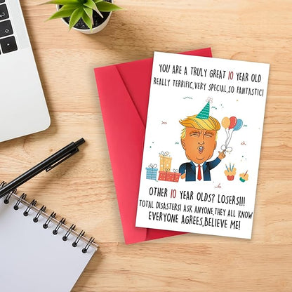 Funny Trump 10th Birthday Card for Him Her, Humorous Donald 10th Birthday Card Gift for Son Daughter, 10 Year Old Birthday Decoration for Niece Nephew