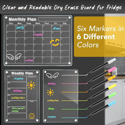 DIYMAG 3Pack Acrylic Magnetic Dry Erase Calendar for Fridge, Clear Acrylic Calendar Planning Board Set Magnetic Weekly Monthly Planner Memo Board for Refrigerator with 6 Highlight