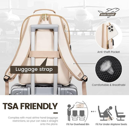 LOVEVOOK Laptop Backpack for Women 17.3 inch,Cute Womens Travel Backpack Purse,Professional Laptop Computer Bag,Waterproof Work Business College Teacher Bags Carry on Backpack with USB Port,Off-white