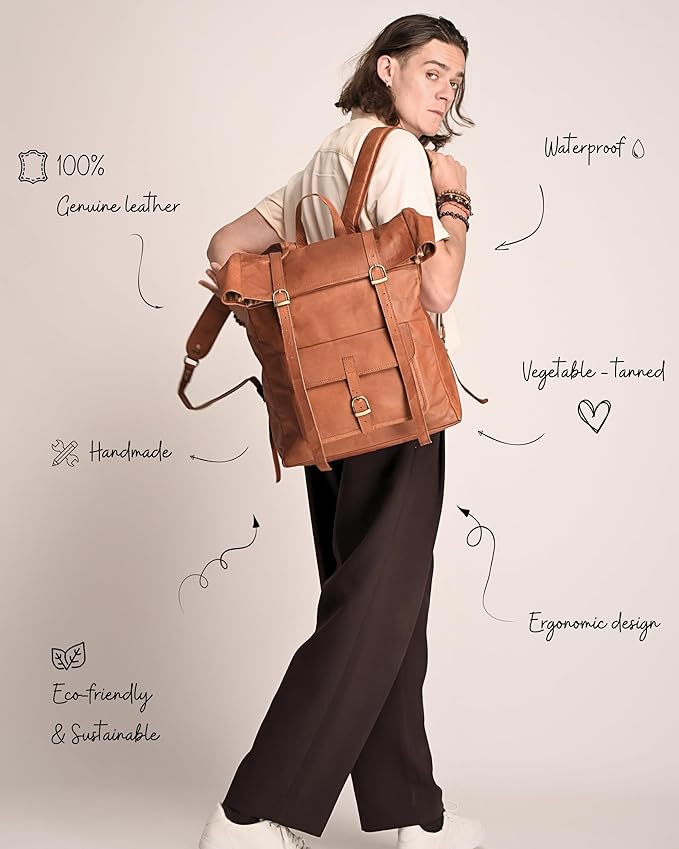 Genuine Leather Backpack for Men - 17.3 Inch Laptop - Designer Roll-top bookbag - Vintage Fashion rucksack back pack for work & travel, X-Large Tan (Brown)