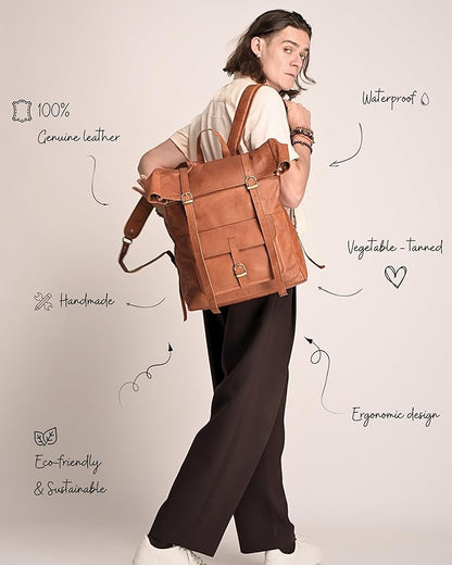 Genuine Leather Backpack for Men - 17.3 Inch Laptop - Designer Roll-top bookbag - Vintage Fashion rucksack back pack for work & travel, X-Large Tan (Brown)