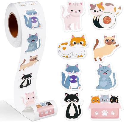 1 Roll Animal Stickers Reward Cute Space Stickers Office Supplies Incentives Sticker Animal Party Favor Decal, 500 Pcs Each Roll(Cat)