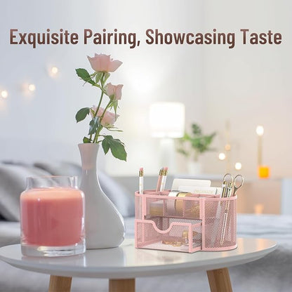 SUPEASY Mesh Desk Organizer, Desk Accessories & Workspace Organizers with Drawers, Pencil Holder for Desk with 9 Compartments for Office Suppliess, 8.6 x 4.3 x 4.1 Inch, Pink