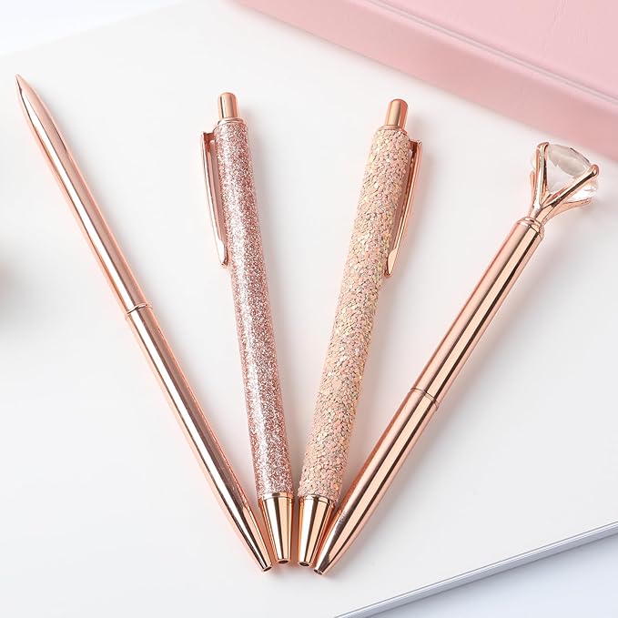 amassan 4Pcs Ballpoint Pens Set, Cute Pens with Crystal Diamond for Journaling, Black Ink Pen Gifts for Wedding Office Desk Supplies, Sand Glitter Pen for Women Office Decor