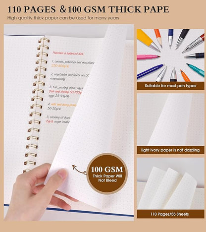 Dotted Notebook, Spiral Notebook Journal 8.5” x 11”, A4 Large Dot Grid Notebooks for Women Men, 100 GSM Dotted Paper, Plastic Hardcover Spiral Bullet Dotted Journals for Work School Sketching, Navy