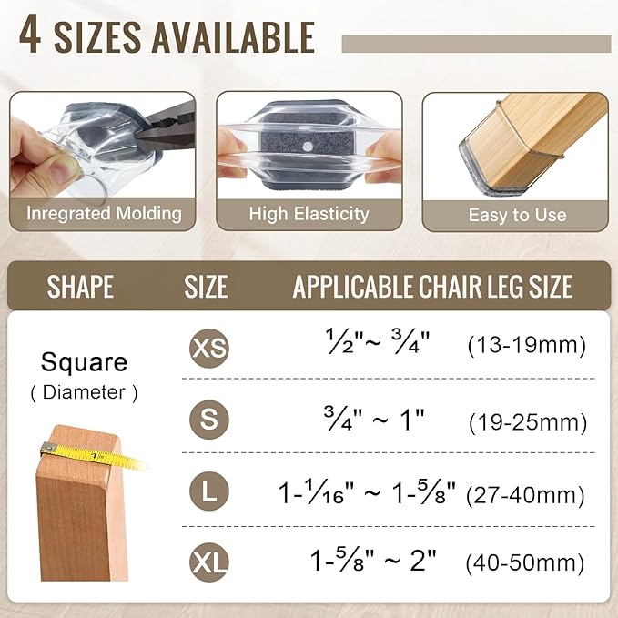 BUMACO Chair Leg Floor Protectors Square Chair Leg Protectors for Hardwood Floors Silicone Pads Covers to Protect Floors(Clear-40 Pcs, Square XL (1-5/8"~ 2")