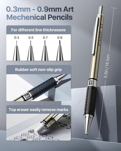 37PCS Art Mechanical Pencil Set, Drafting Pencil 5 Sizes- 0.3, 0.5, 0.7, 0.9MM & 2PCS 2.0MM Mechanical Drawing Pencils with 492PCS Leads (6B 4B 2B HB 2H 4H Color) for Artist Sketching Drawing