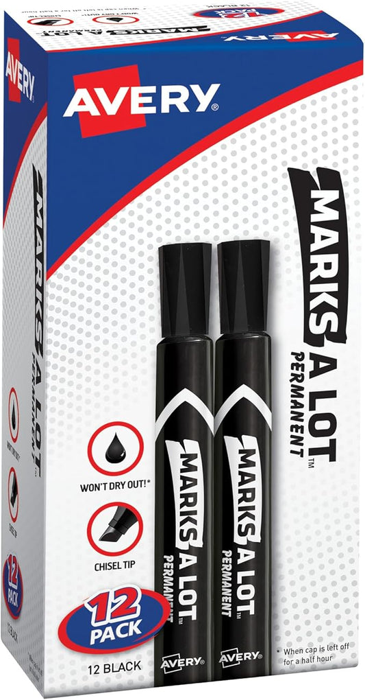 AVERY Marks-A-Lot Permanent Markers, Large Desk-Style Size, Chisel Tip, Water and Wear Resistant, 12 Black Markers (98028)